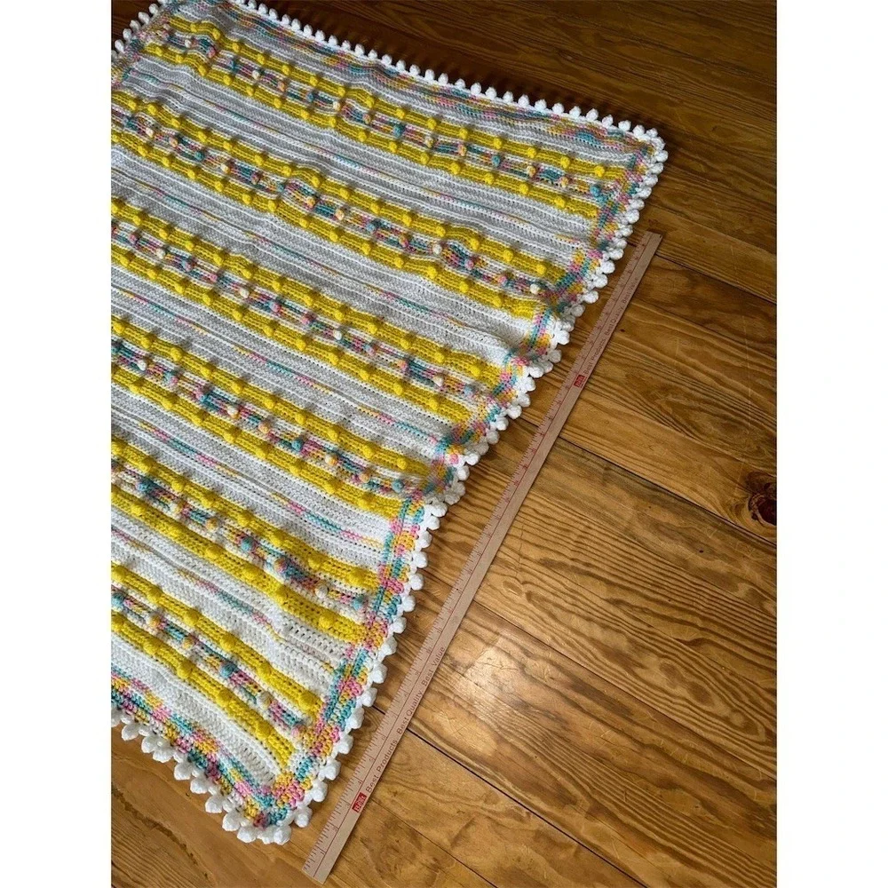 Little Duck Crochet Baby Blanket Pastel Stripe Bobble Pom‎ Pom Edge 36x36